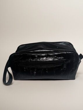Vintage 80s Eel Skin Leather Toiletry Bag Tech Travel Cosmetic Shave Tote Black